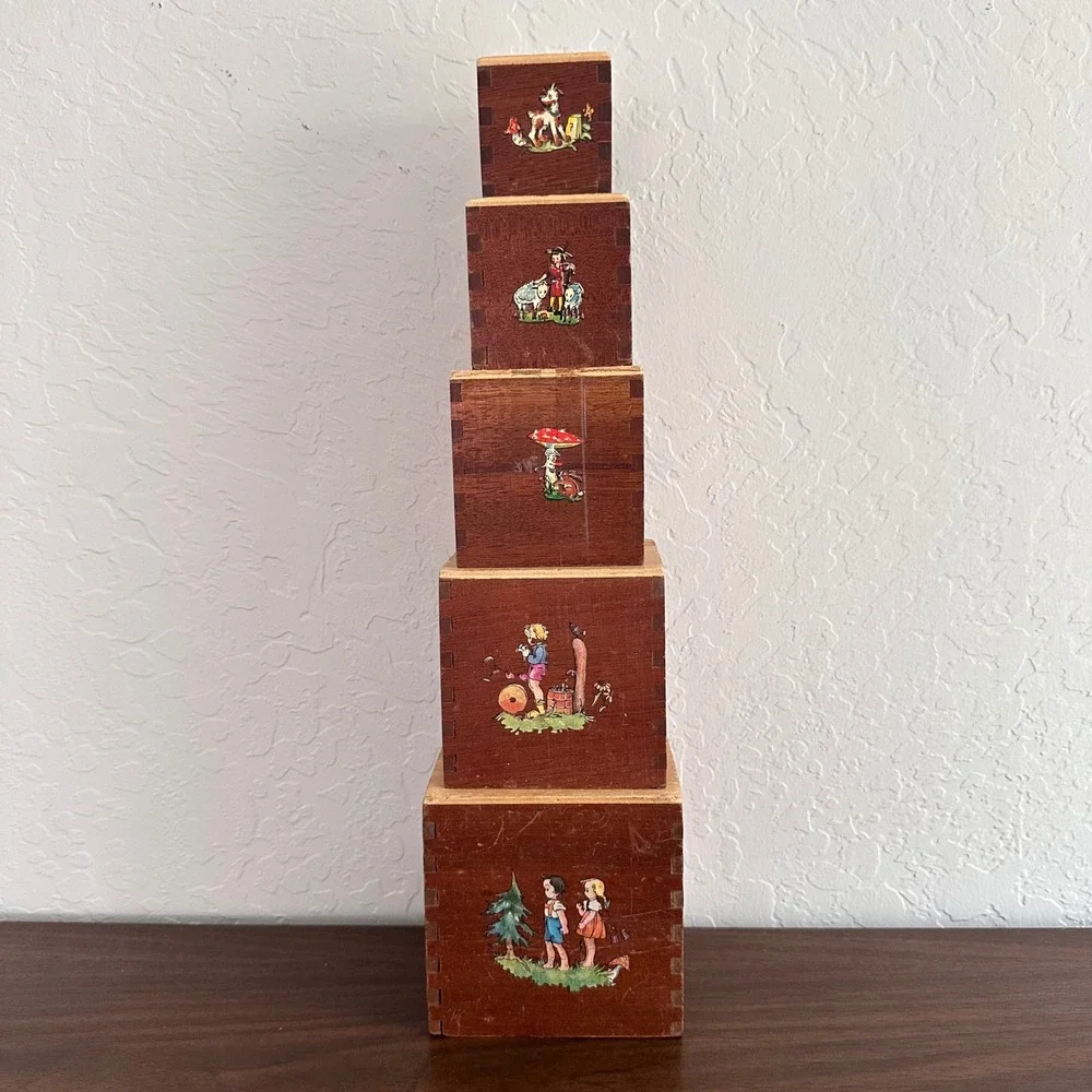 Vintage 30s‎ 40s Wooden Stacking Toy Dovetail Primitive Folk Art